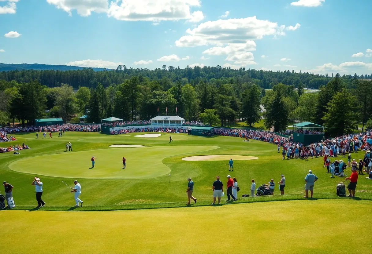 A picturesque view of the Valero Texas Open golf course filled with spectators and players.