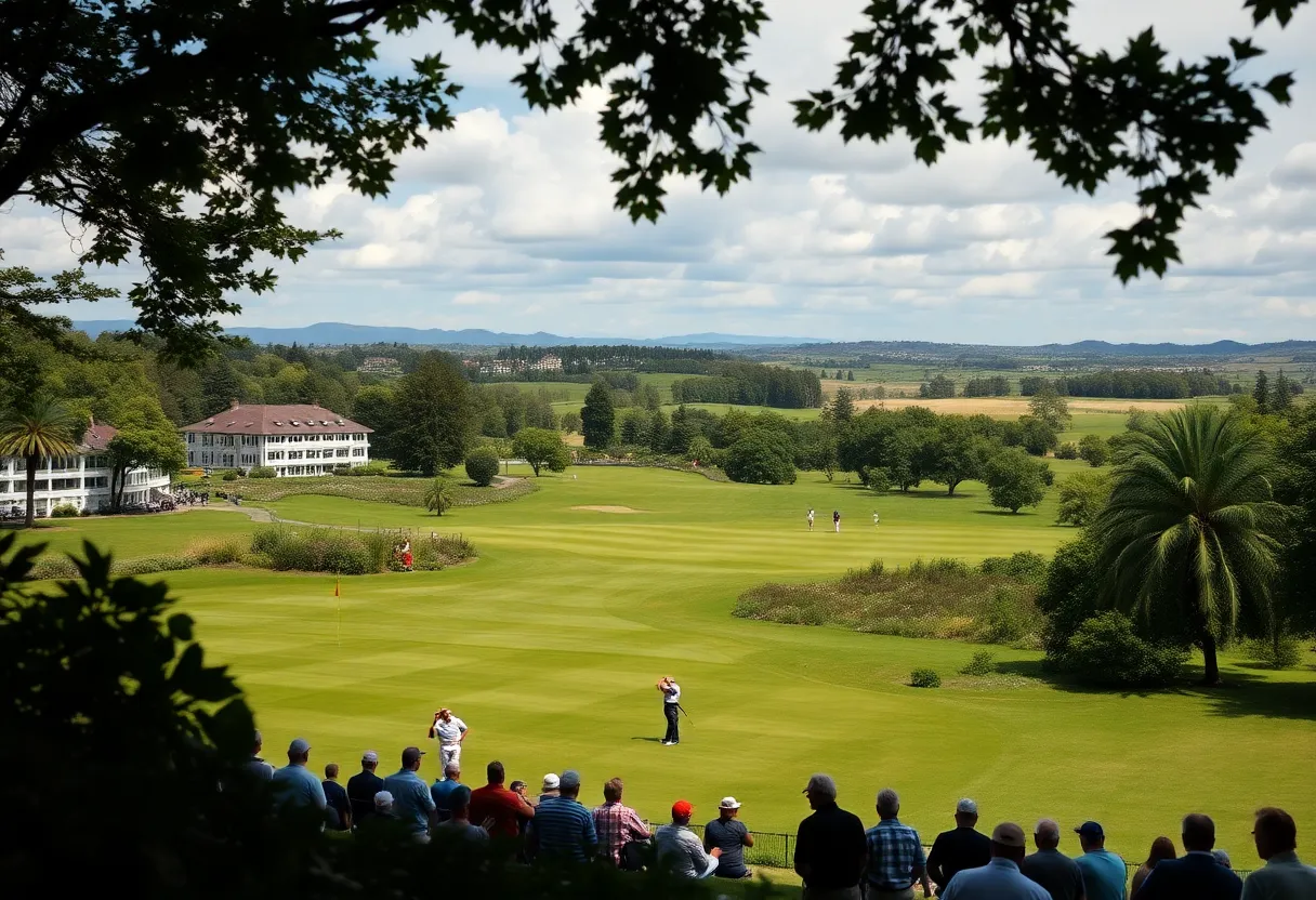Beautifully landscaped golf course with players during WAAP Championship.