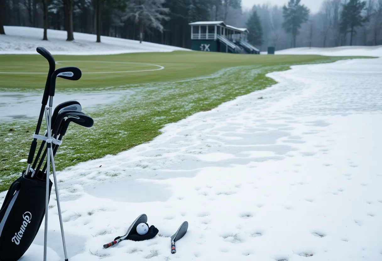 A snowy golf course in winter showing ice on the greens