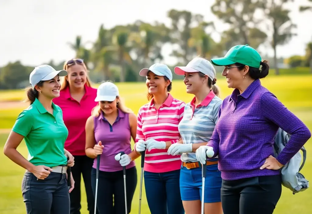 Diverse women golfers on a sunny golf course