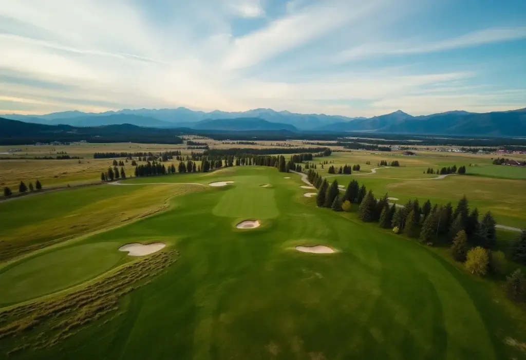 A beautiful golf course in Wyoming with mountains and green fairways