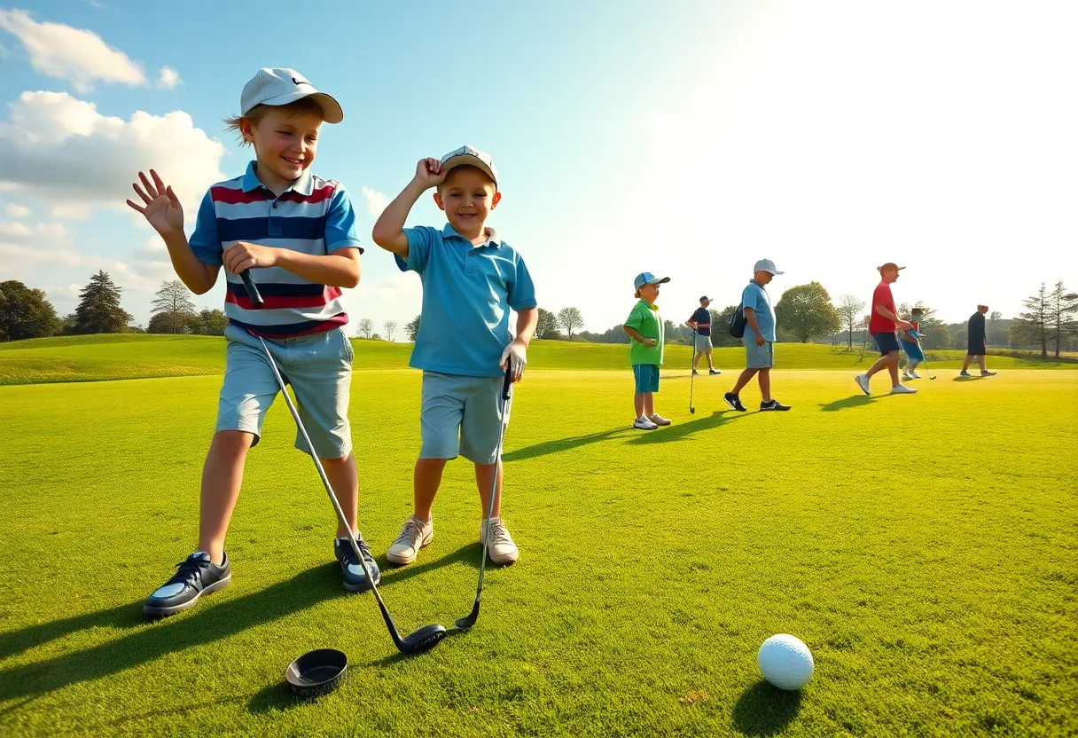 Youth golfers practicing at a golf course under sunny skies.